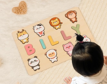 名入れ木製パズル、かわいい動物文字、モンテッソーリ玩具