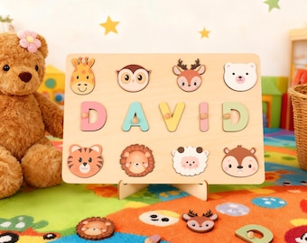Quebra-cabeça personalizado com nome, brinquedo de madeira Montessori, decoração para quarto de bebê