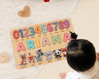 Quebra-cabeça personalizado com nome, brinquedo de madeira Montessori, decoração para quarto de bebê