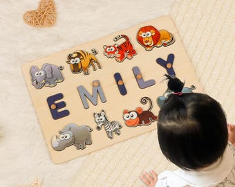Casse-tête personnalisé prénom pour bébé, thème animal sauvage, jouet en bois personnalisé