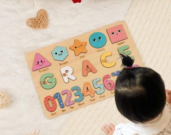 Quebra-cabeça personalizado com nome, brinquedo Montessori de madeira feito à mão, decoração para quarto de bebê