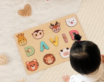 Quebra-cabeça personalizado com nome, brinquedo de madeira Montessori, decoração para quarto de bebê