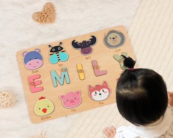 Personalized Name Puzzle, Wooden Montessori Toy, Baby Animal Busy Board