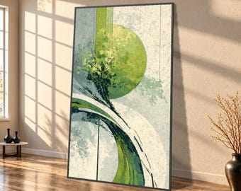 May include: A large rectangular framed wall art piece featuring an abstract composition of a prominent lime green circle, sweeping dark green curved lines, and textured light gray and white background elements with vertical black lines.