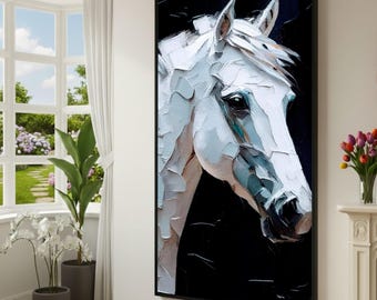 Impresión abstracta en lienzo de caballo blanco: arte equino moderno, lienzo grande para pared, pieza destacada de gran tamaño