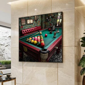 Vintage Pool Table Interior Canvas, Billiards Game Room Wall Art, Retro Home Decoration, Green Felt Table Canvas, Leisure Room Artwork