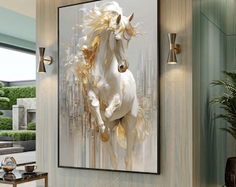 Arte en lienzo de caballo blanco majestuoso: decoración de pared ecuestre abstracta, decoración de habitación estética impresa lista para colgar