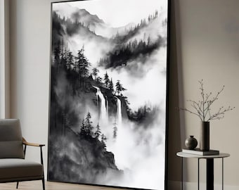 Black and White Waterfall Canvas Art: Misty Mountain Forest, Large Canvas Wall Art, Oversized Statement Piece