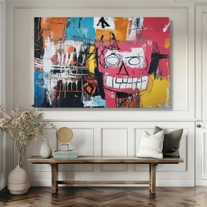 Abstract Skull Canvas Wall Art, Urban Graffiti Style, Colorful Basquiat Inspired, Modern Expressionist Canvas, Bold Street Art Decor