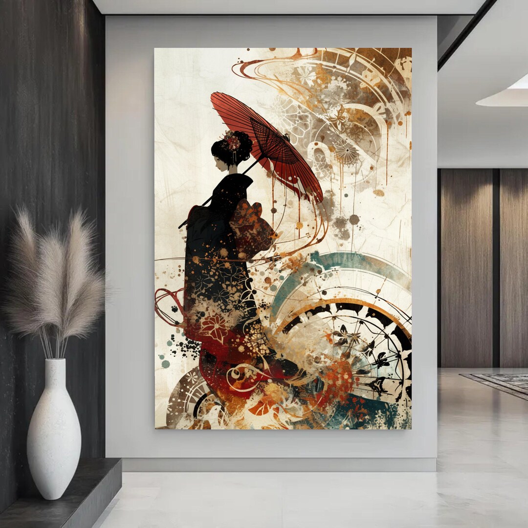 Geisha With Red Umbrella Canvas Print: Elegant Japanese Art, Printed ...