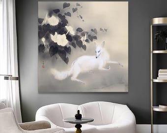 白狐の絵 モノクロ 日本画 壁アート、橋本関雪作 アンティーク 日本狐
