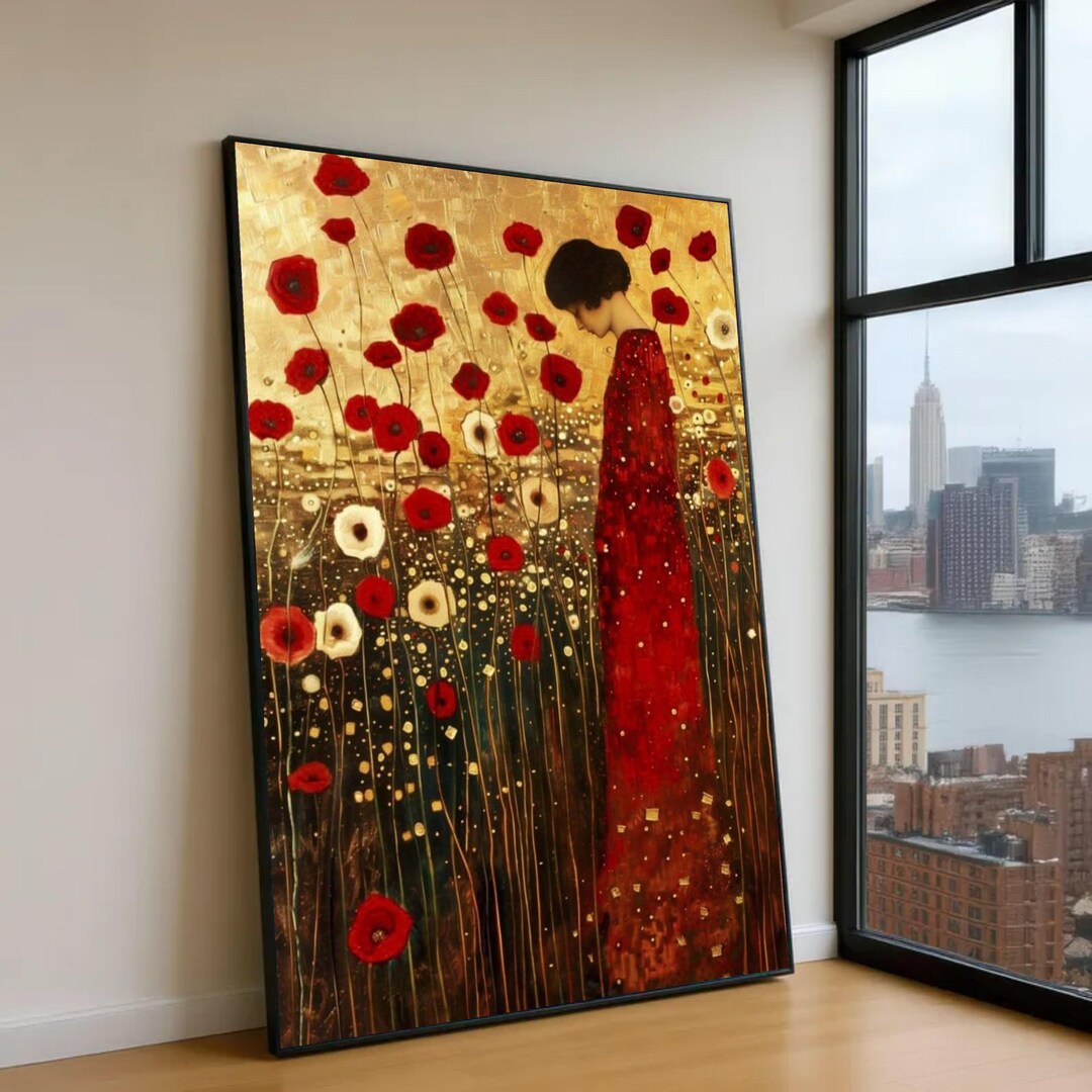 Gustav Klimt Inspired Red Poppies Canvas, Elegant Woman Art, Floral ...