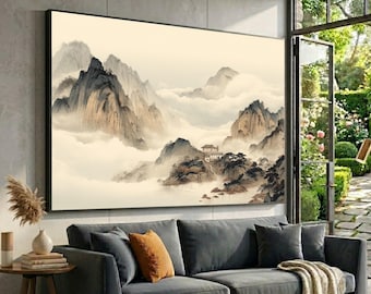 Misty Mountain Asian Art Canvas: Serene Zen Landscape Wall Decor, Large Canvas Wall Art, Oversized Statement Piece