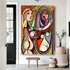 Pablo Picasso Masterpiece, Cubism Woman Canvas, Mirror Reflection Art, Modern Wall Art Decor, Expressionist Canvas Printing