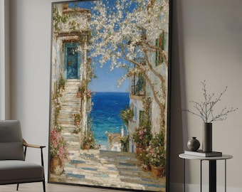 Seaside Stairway Canvas, Mediterranean Ocean View Art, Ready To Hang, Large Canvas Wall Art, Oversized Statement Piece