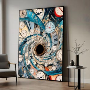 Op de afbeelding: Abstracte kunstprint met een wervelende draaikolk van klokken in verschillende maten en stijlen. Het kunstwerk gebruikt tinten blauw, wit en goud, met een centraal zwart gat-effect. De klokken hebben Romeinse cijfers en wijzers.