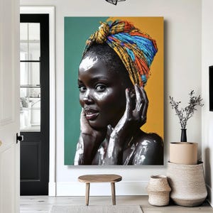 Vibrant African Woman Portrait Canvas, Colorful Headwrap Wall Art, Modern Ethnic Decor, Cultural Canvas Print, Ready to Hang Art