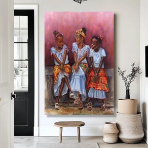 Three Young Girls in Traditional Dress Canvas, Cultural African Wall Art, Colorful Skirts Printing, Ethnic Home Decor Canvas, Vibrant