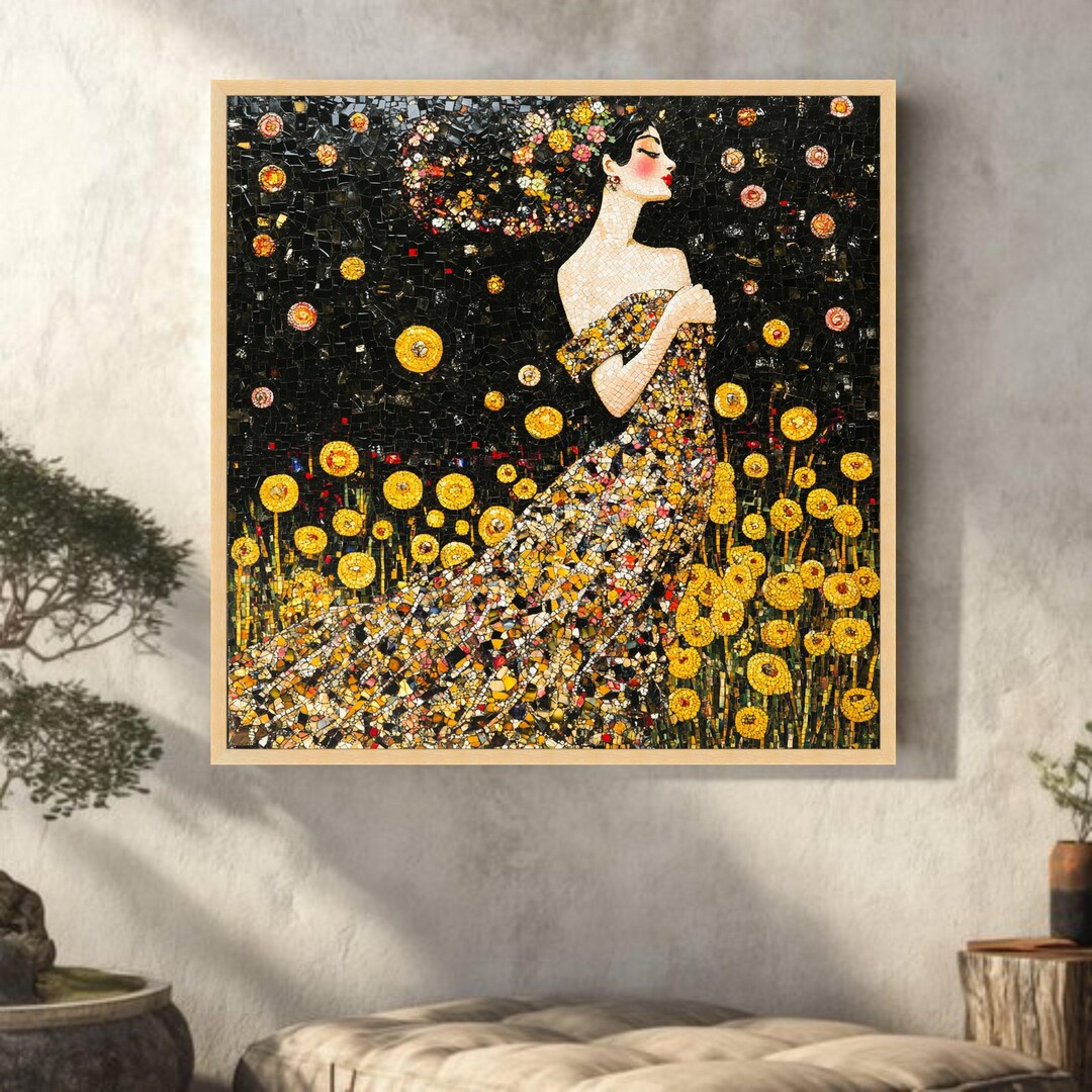 Gustav Klimt Style Woman Canvas, Mosaic Floral Dress Art, Decorative ...
