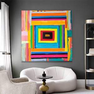 Vibrant Geometric Abstract Canvas, Colorful Square Pattern Wall Art, Modern Home Decoration, Bright Contemporary Canvas Print