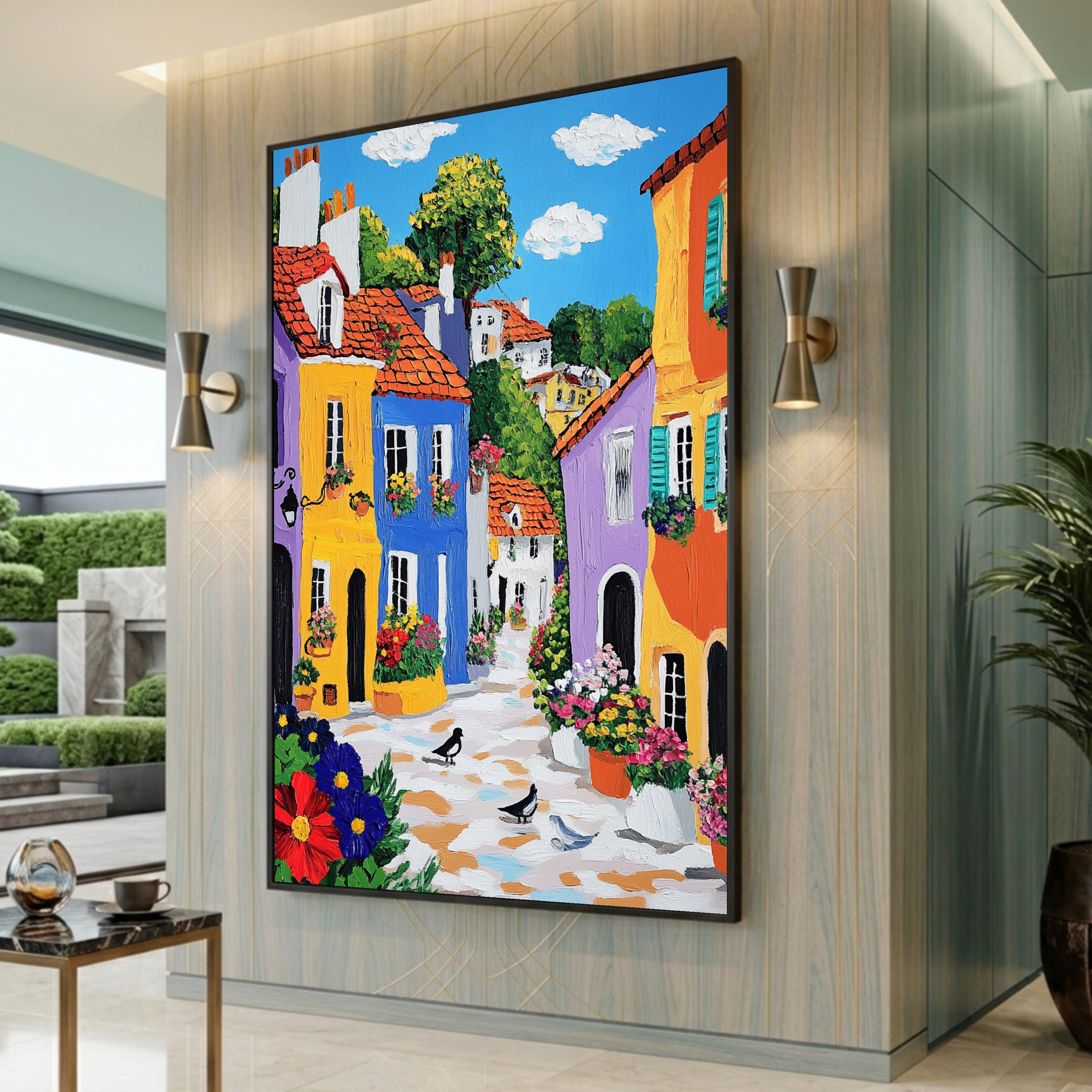 Colorful Village Street Canvas, Floral European Town, Whimsical