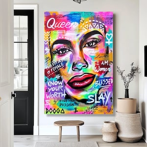 Motivational Empowered Woman Canvas, Feminine Strength Wall Art, Inspirational Female Quote Decor, Modern Pop Art Canvas, Bold Colorful