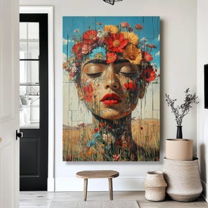 Blumengesicht Porträt Leinwand, Frau mit Blumen Krone Wandkunst, Boho Chic Wohnkultur, Bunte botanische Leinwand, Natur und Schönheit Kunstwerk
