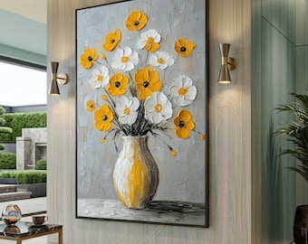 白と黄色の花のキャンバス絵画 - モダンなインテリアにぴったりの