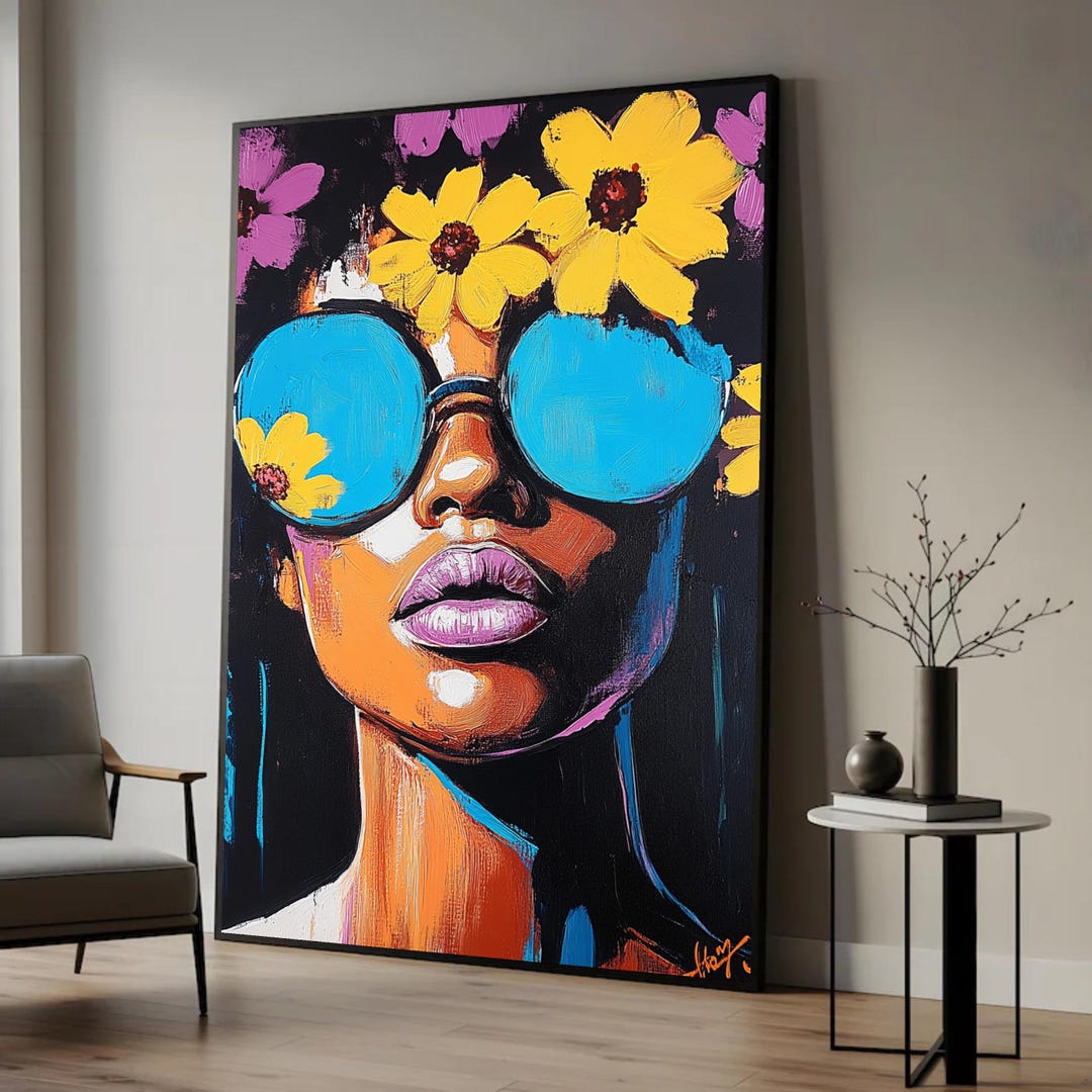 Floral Woman Portrait Canvas: Funky Pop Art Wall Decor, Large