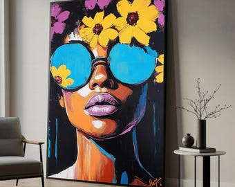 Floral Woman Portrait Canvas: Funky Pop Art Wall Decor, Large