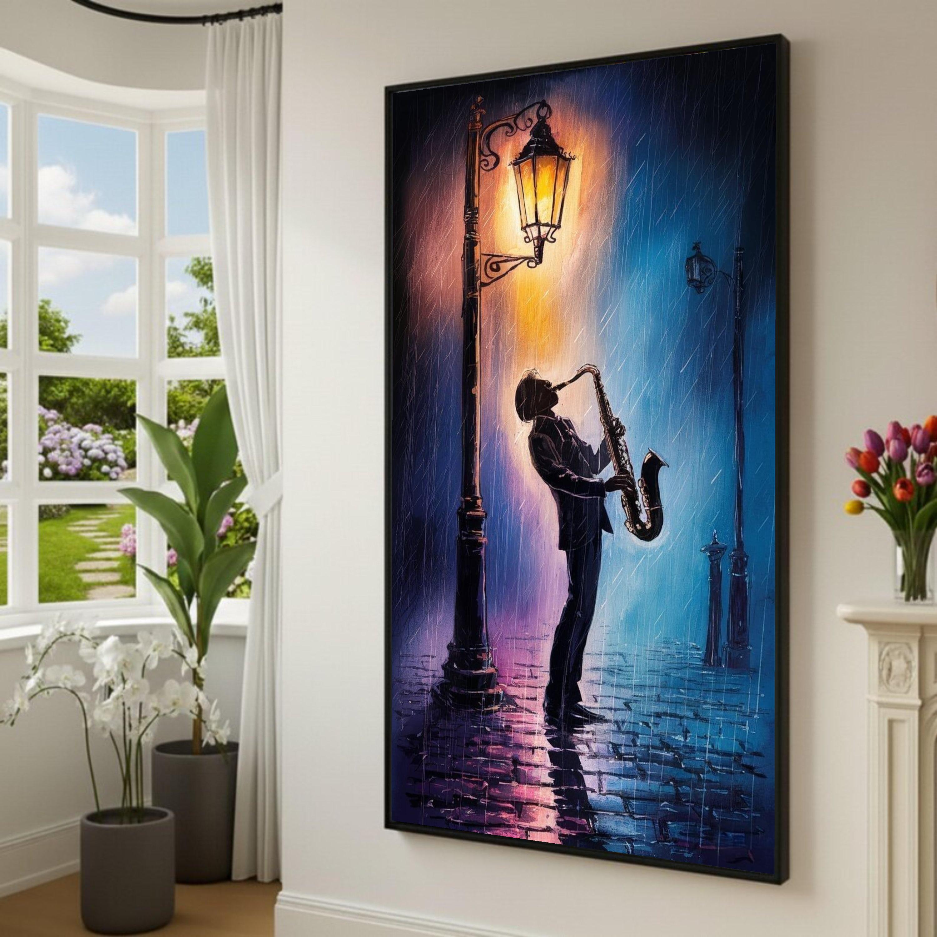 Jazz Saxophone Player Canvas, Urban Night Scene Wall Art, Large