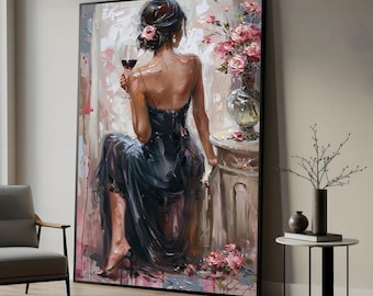 Woman in Black Dress Canvas Art: Floral Still Life printing, Large Canvas Wall Art, Oversized Statement Piece