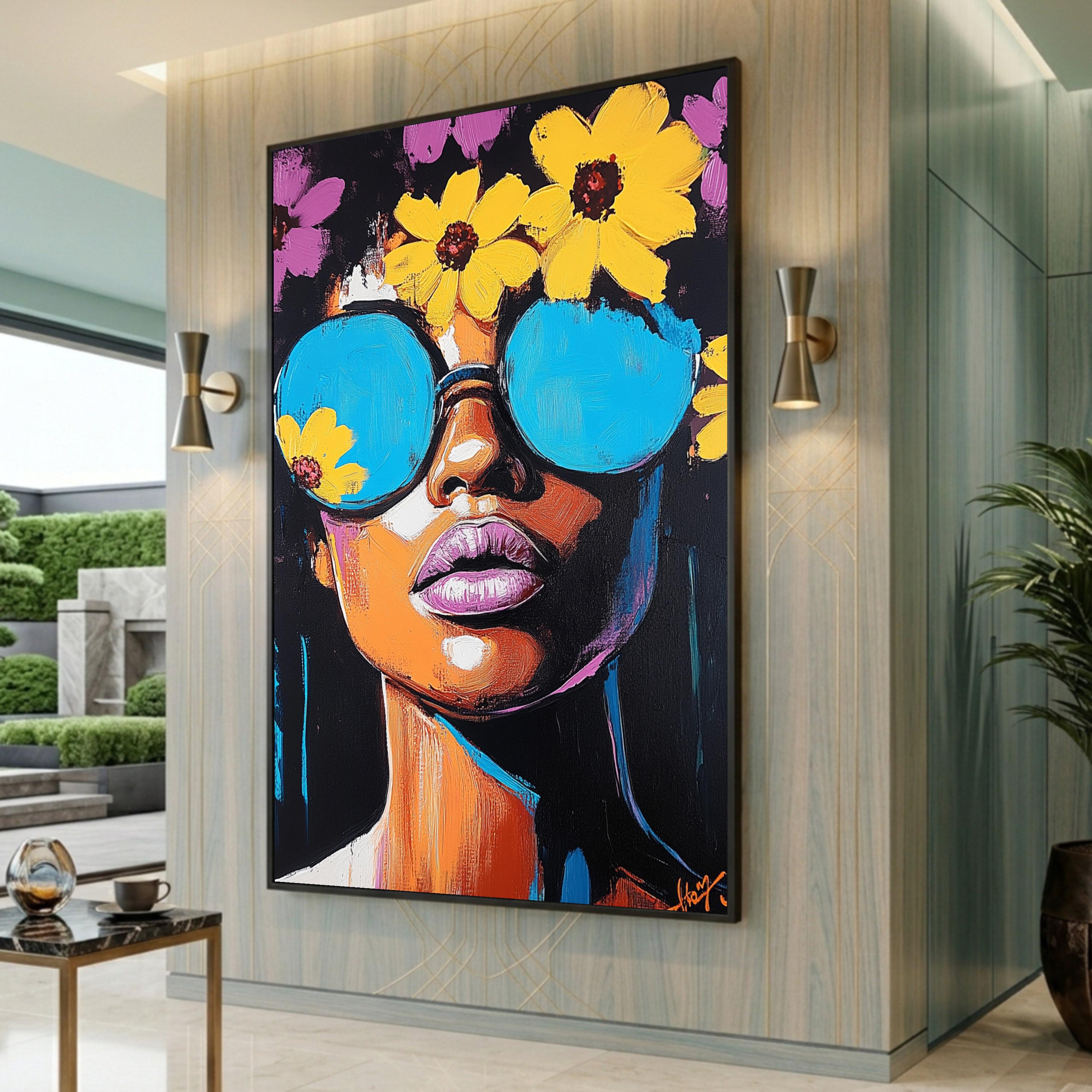 Floral Woman Portrait Canvas: Funky Pop Art Wall Decor, Large