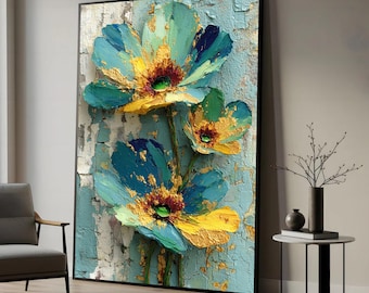 抽象的な花柄キャンバスプリント：緑、青、金のフローティングフレーム