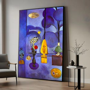 Abstract Blue Still Life Canvas, Modern Floral Vase Wall Art, Yellow Accents Canvas Printing, Contemporary Home Decor, Artistic Canvas Print
