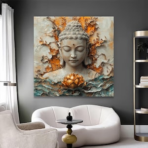 Serene Buddha Face Canvas Wall Art, Golden Lotus Flower, Spiritual Meditation Decor, Printed Abstract Art, Zen Home Decoration
