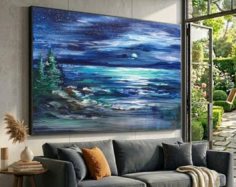 Moonlit Ocean Waves Canvas, Night Sea Landscape, Coastal Wall Art, Starry Sky Printing, Tranquil Nature Canvas Decor, Ready to Hang Artwork