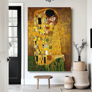 Gustav Klimt The Kiss Canvas Wall Art, Romantic Art Print, Golden Embrace Printing, Elegant Home Decor, Classic Artistic Canvas