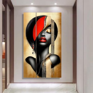 Elegant Black Woman Portrait Canvas, Gold and Red Abstract Art, Modern Glamour Wall Art, Luxury Home Decor, Stylish Face Canvas