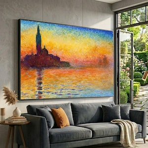 Impressionist Venice Sunset Canvas, Claude Monet Style, Large Canvas Wall Art, Oversized Statement Piece