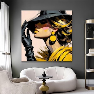 Mujer elegante en lienzo amarillo, ilustración de moda, arte mural, impresión de una dama glamurosa con sombrero, retrato moderno y elegante, arte amarillo intenso.