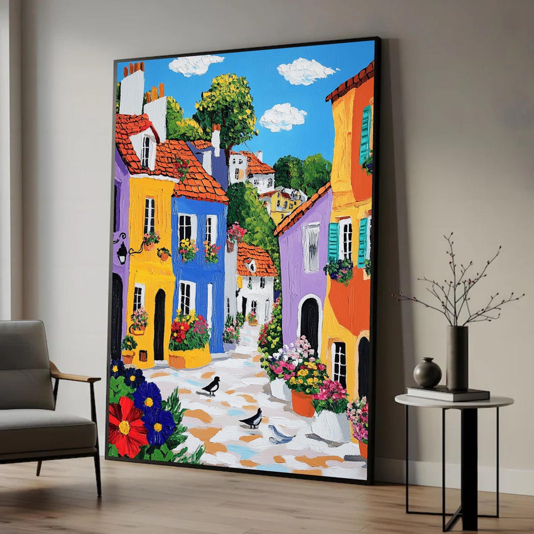 Colorful Village Street Canvas, Floral European Town, Whimsical