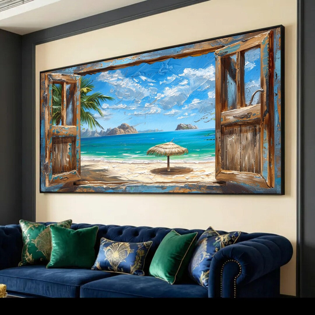 Tropical Beach View Through Rustic Window Canvas, Coastal Wall Art ...