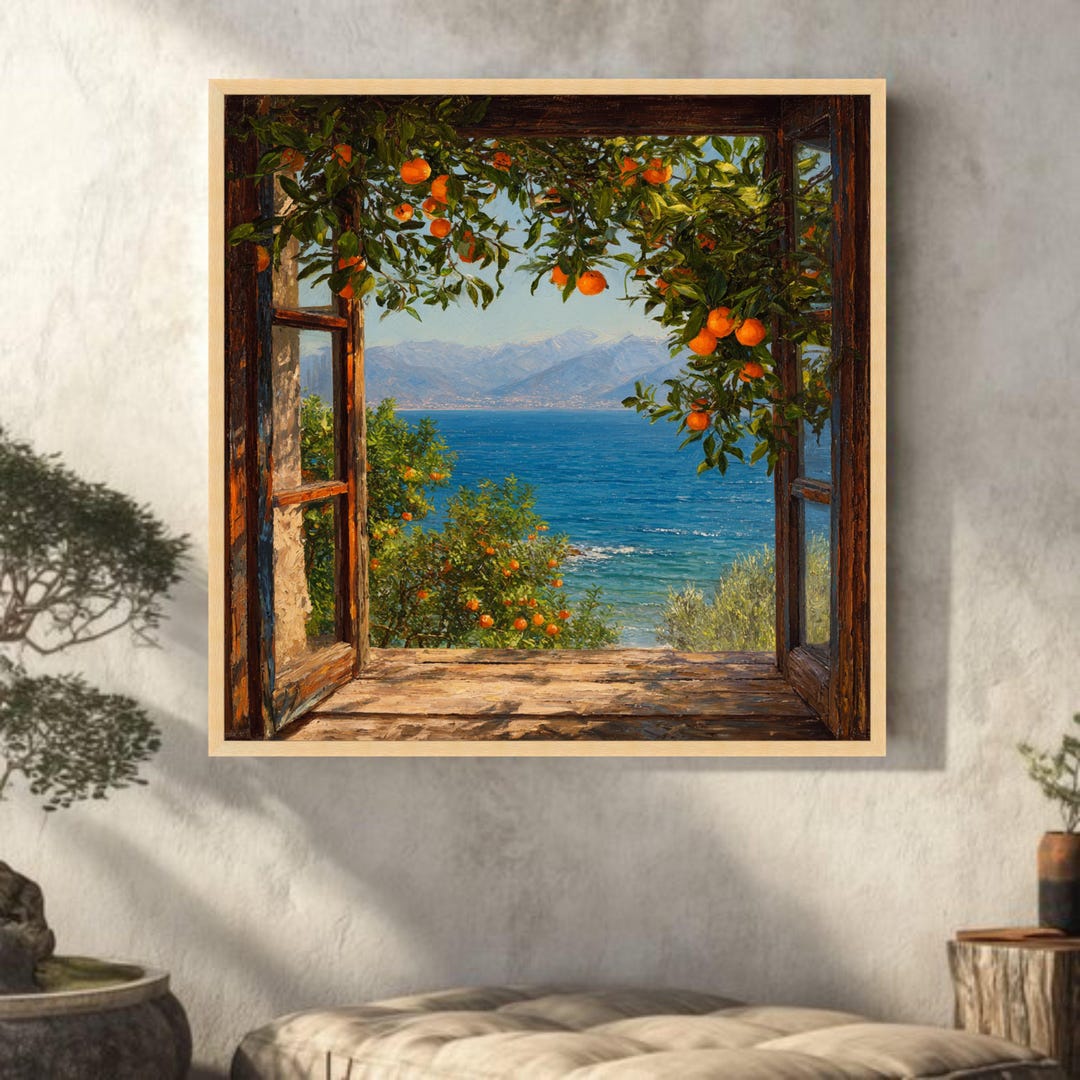 Mediterranean Sea View Canvas, Open Window Wall Art, Orange Tree ...