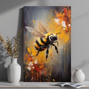 Close-up canvaskunst hommel, op de natuur geïnspireerd muurdecor, grote canvas muurkunst, extra groot statementstuk