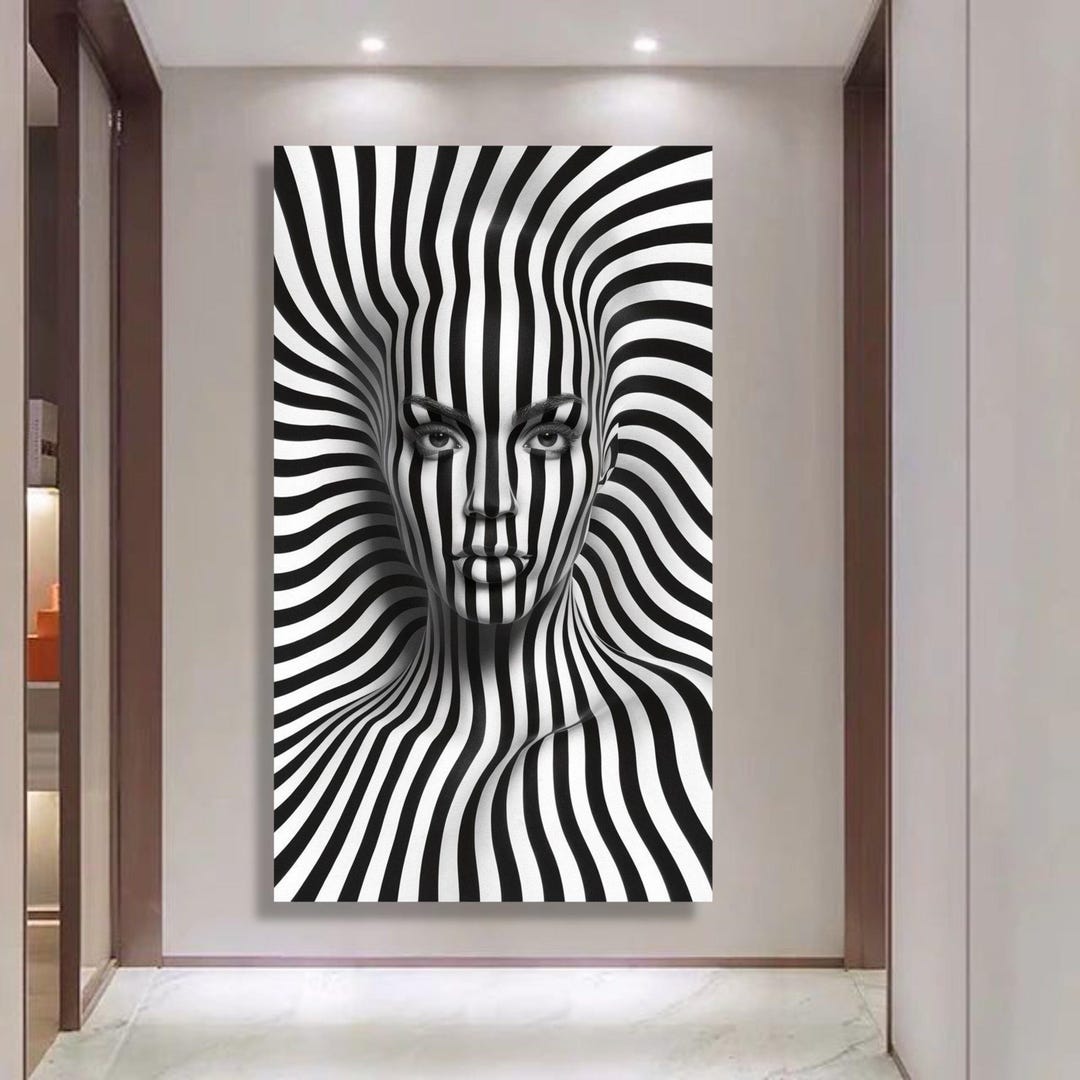 Abstract Black and White Striped Woman Portrait Canvas Art: Modern ...
