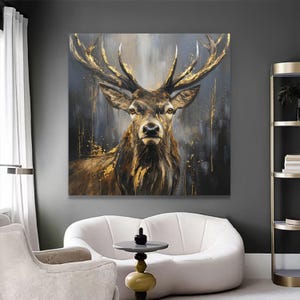 Majestic Stag Portrait Canvas, Gold Accented Deer Wall Art, Rustic Forest Animal Canvas, Printed Wildlife Printing, Modern Nature Decor