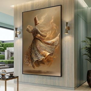 Whirling Dervish Dance Canvas, Sufi Spiritual Art, Persian Calligraphy Wall Art, Mystical Swirling Figure, Ethereal Movement Canvas