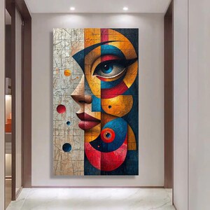Bunt Kubismus Leinwand: Abstraktes geometrisches Gesicht, moderne Wandkunst