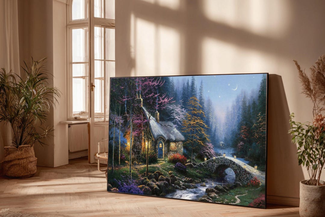 Thomas Kinkade Style Art, Cozy Stone Cottage Canvas, Moonlit Forest ...